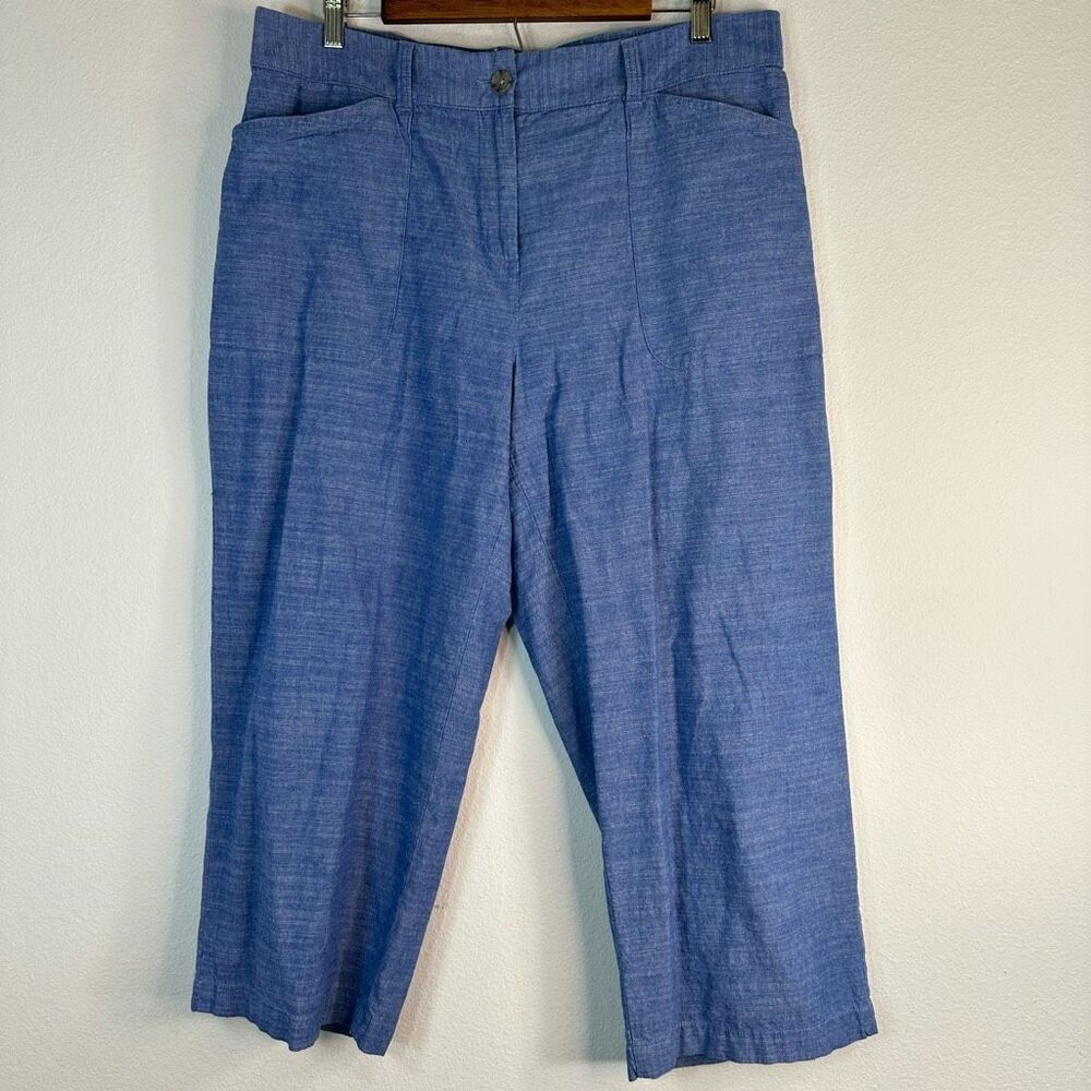Talbots Blue Denim Chambray Cropped Pants Women 14 100% Cotton Beachy Minimalist